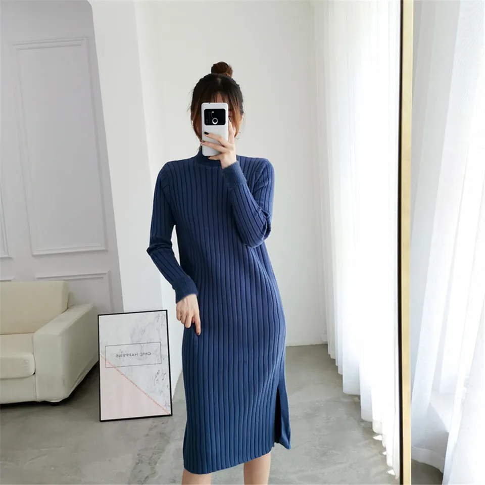 Раздельное однотонное платье с круглым вырезом и длинным рукавом Vestido, милое зимнее трикотажное платье, Осеннее женское элегантное платье, новинка года, модное тонкое мягкое женское платье