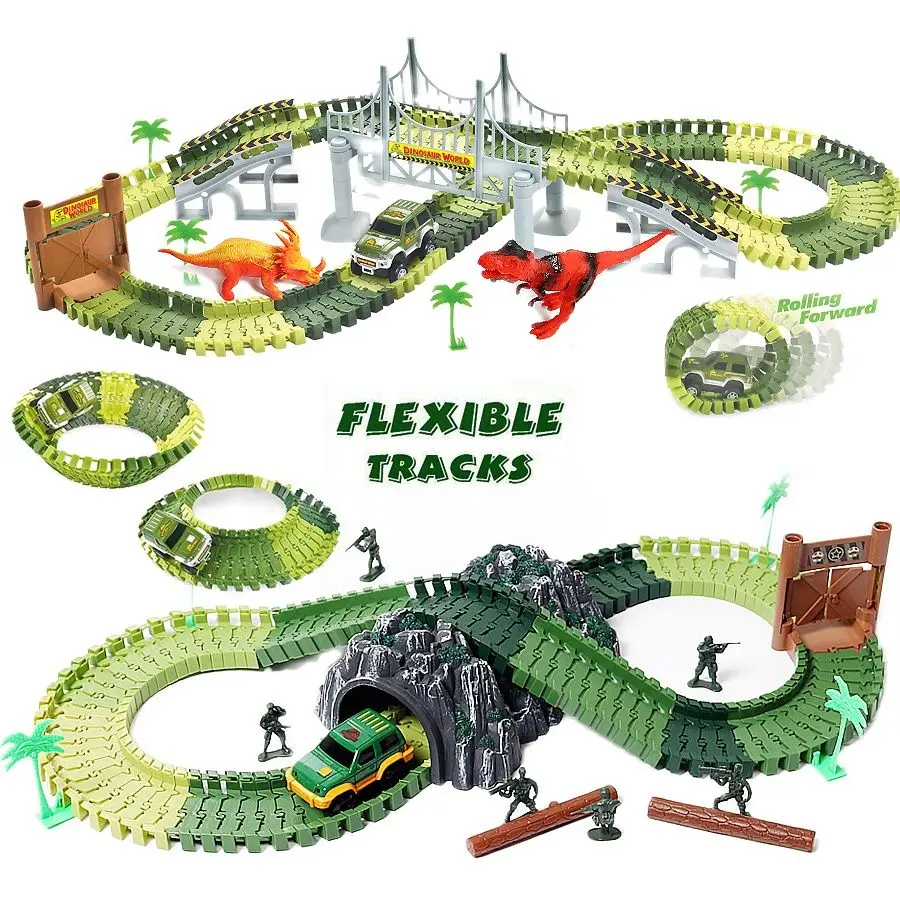 

Race Track Dinosaur Toys Create a Road military Diecast Flexible Track Bend set with accessories Educational Toys for Children
