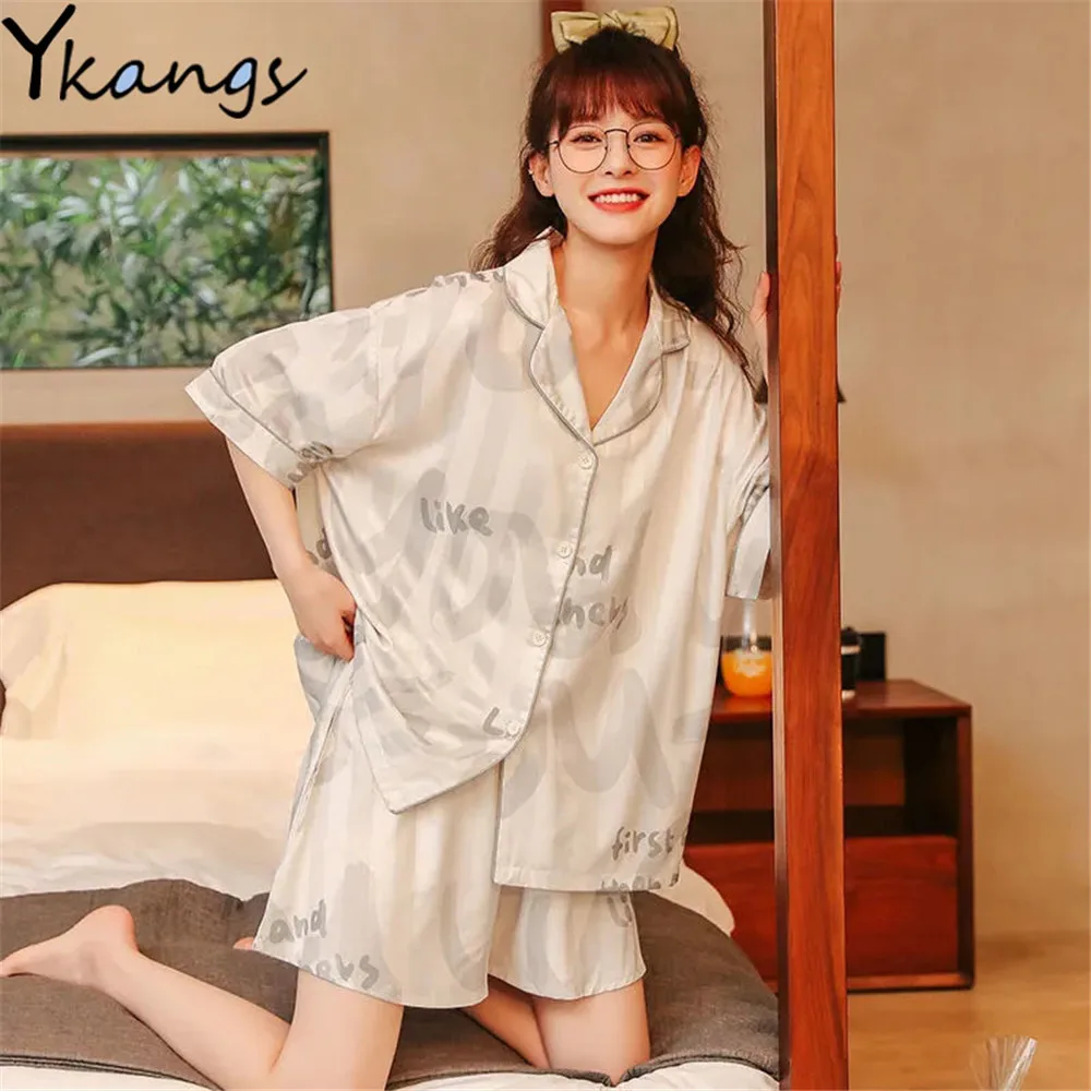 

2021 ледяной шелк пижамные комплекты японский симпатичный пижамы кавай летние девичьи милые атласные Femme короткий рукав шорты, комплект из 2 п...