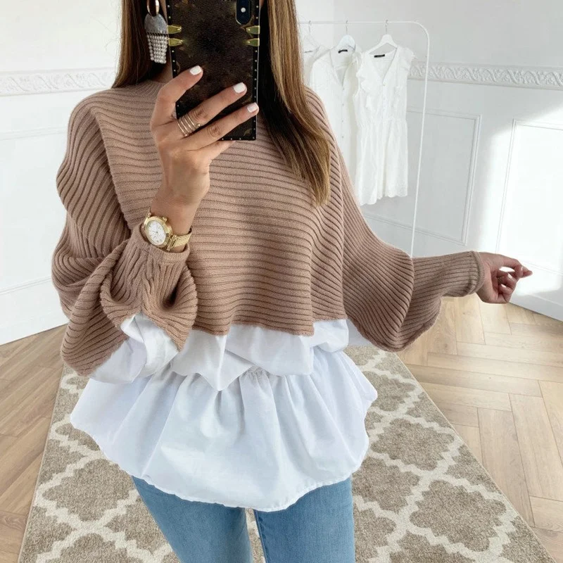 

High Quality Fashion Casual Clothing Female Soft Patchwork Pullovers Women's Solid Color O-Neck Long Sleeved Knitted Sweater New