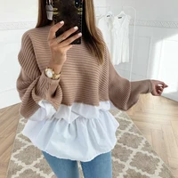 high quality fashion casual clothing female soft patchwork pullovers womens solid color o neck long sleeved knitted sweater new