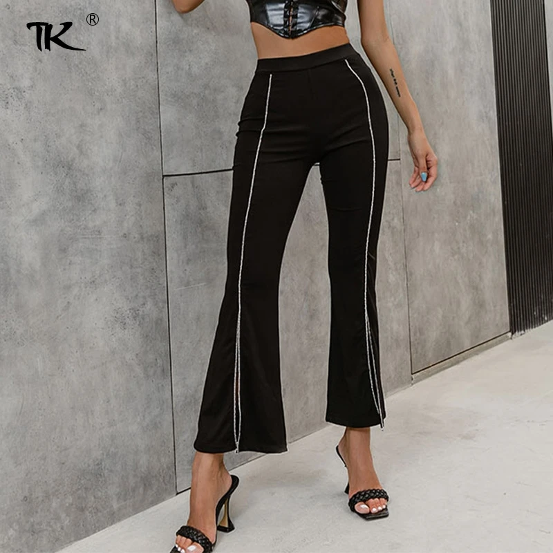 

Slits Cropped Pants For Women Slim Black High Waist Thin wide-leg Women's Pants 2021 Summer Vintage Casual Trousers For Female