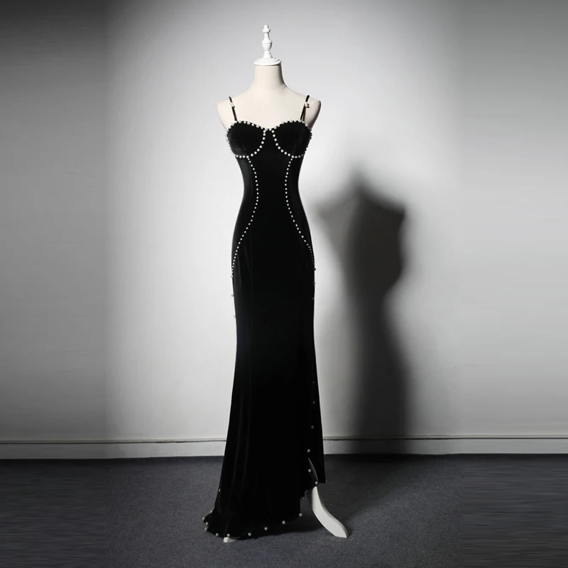 

Black Pearls Spaghetti Strap Evening Dress Strapless Mermaid Lace Up Simple Sleeveless Floor-Length Party Formal Gown Woman B491