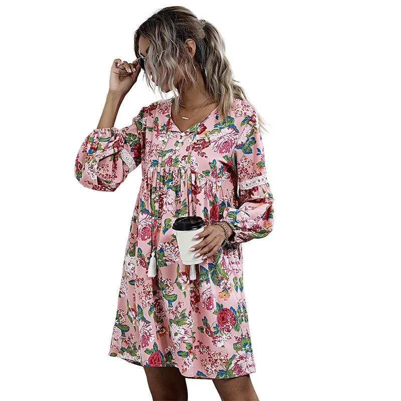 

Summer woman casual long sleeve dress Sundress woman clothing clothes ladies floral elegant vintage girls basic printing