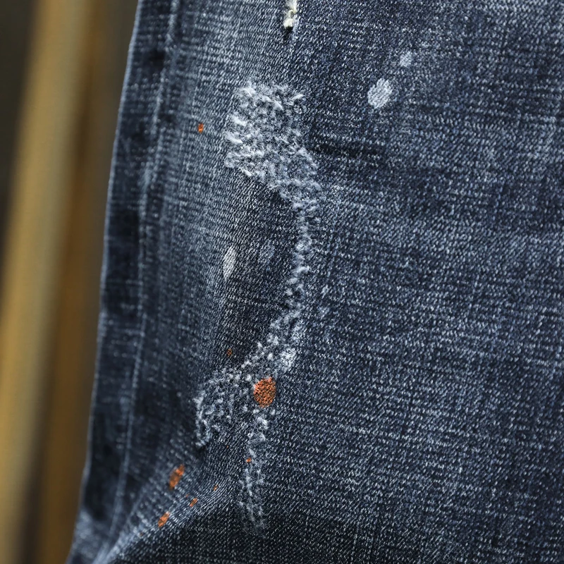 

Printed Jeans Men Slim Fit Stretch Blue Painted Hip Hop Pants Streetwear Male Punk Jeans Moto Jeans For Men Clothing Gunness