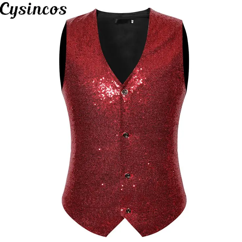 CYSINCOS мужской костюм жилет укороченный топ для мужчин тонкий блестящий v-образный