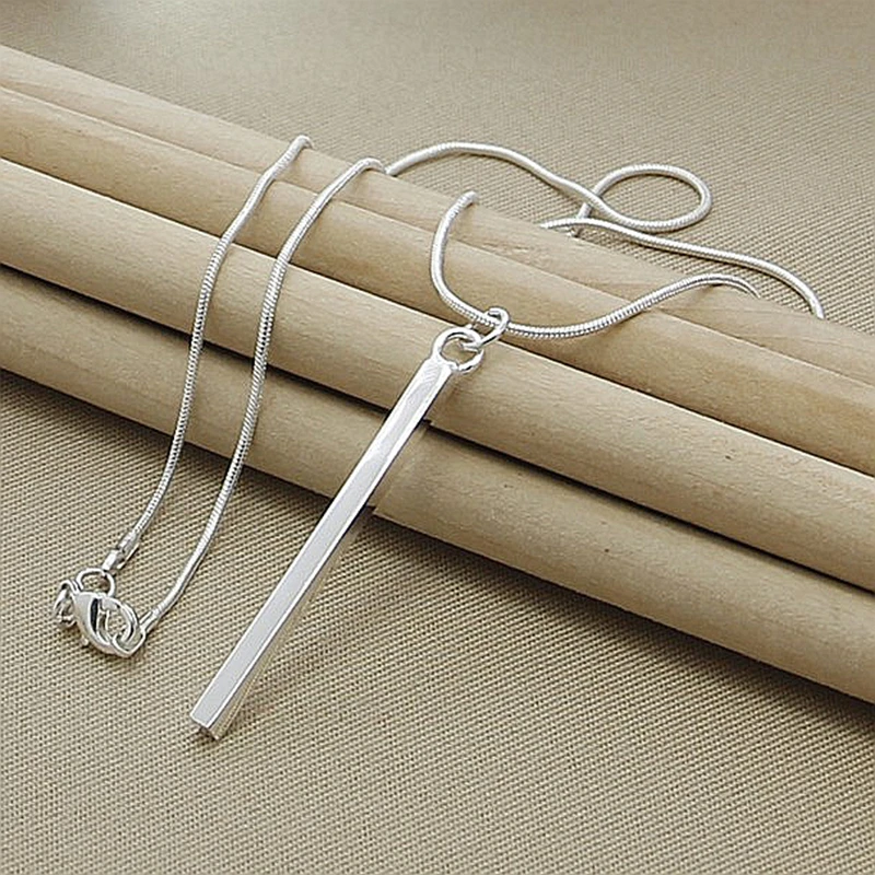 

925 Sterling Silver Square/Round Pillar Pendant Necklace 18 Inches Snake Chain Woman Wedding Engagement Party Jewelry