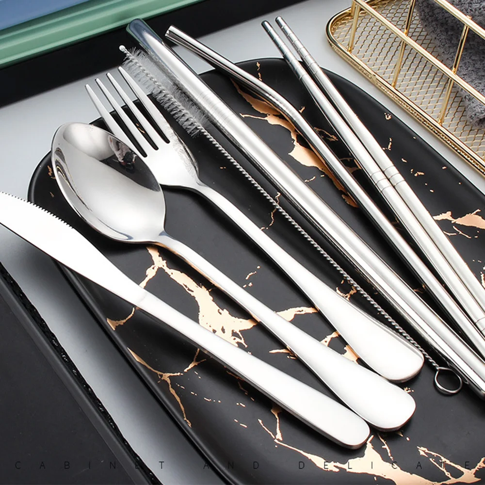 7 шт. Портативный Путешествия Посуда Набор Нержавеющая сталь набор столовых