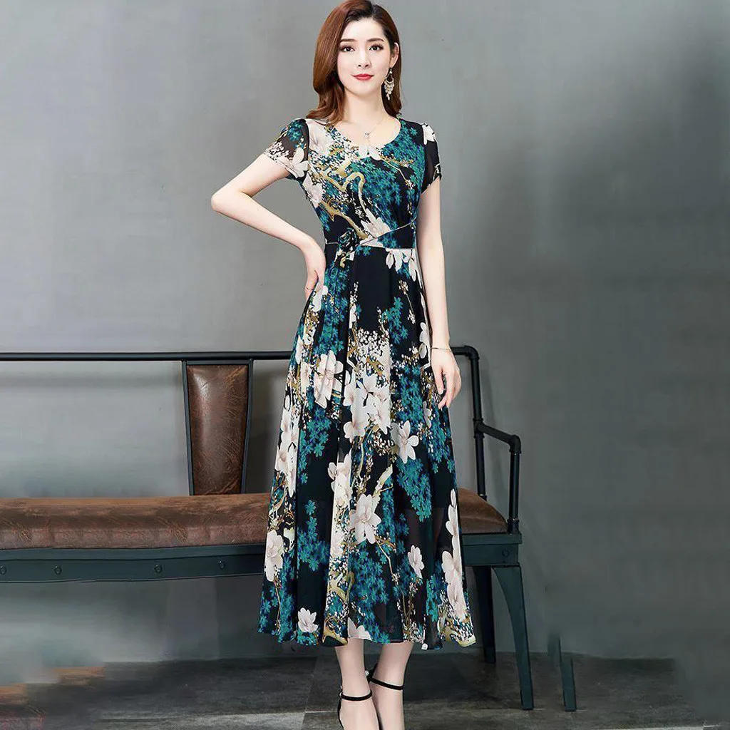Модное повседневное женское длинное платье с цветочным принтом летнее шифоновое