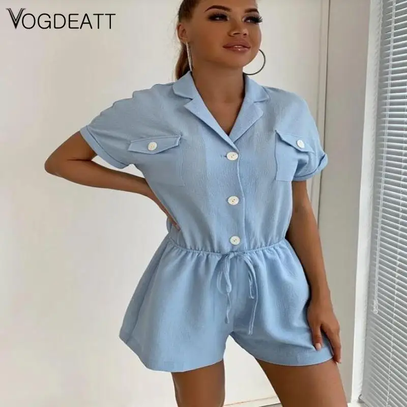 

Solid Short Sleeved Shirt With Shorts Shirt With Buttons And Pockets For Women's Daily Commuting With Drawcord At The Waist Wear