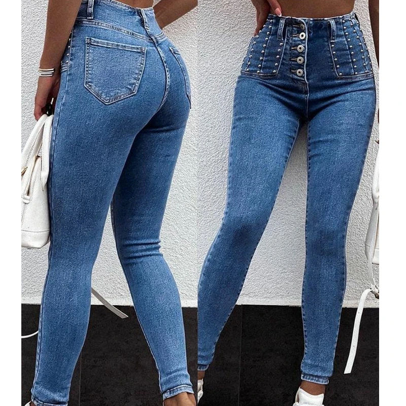 

Уличная одежда Wepbel, джинсовые брюки с завышенной талией, обтягивающие джинсы на пуговицах с бусинами, женские Сексуальные облегающие джинс...