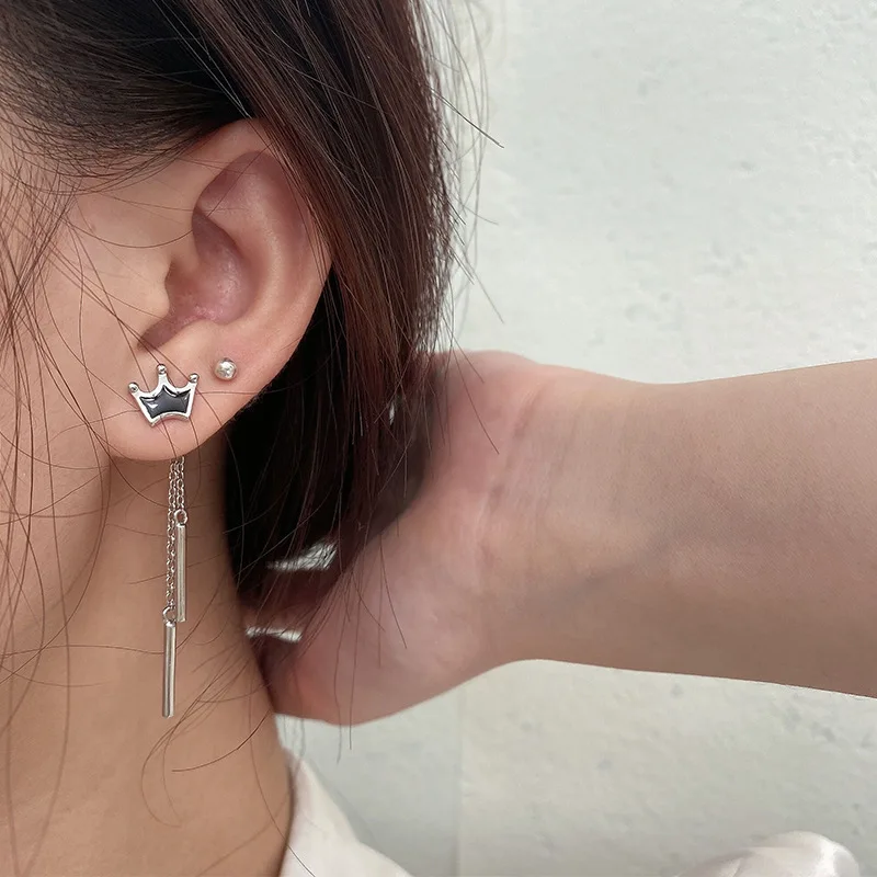 

Серьги из настоящего серебра 925 пробы с черной короной, длинные висячие серьги с кисточками, гипоаллергенные украшения для женщин