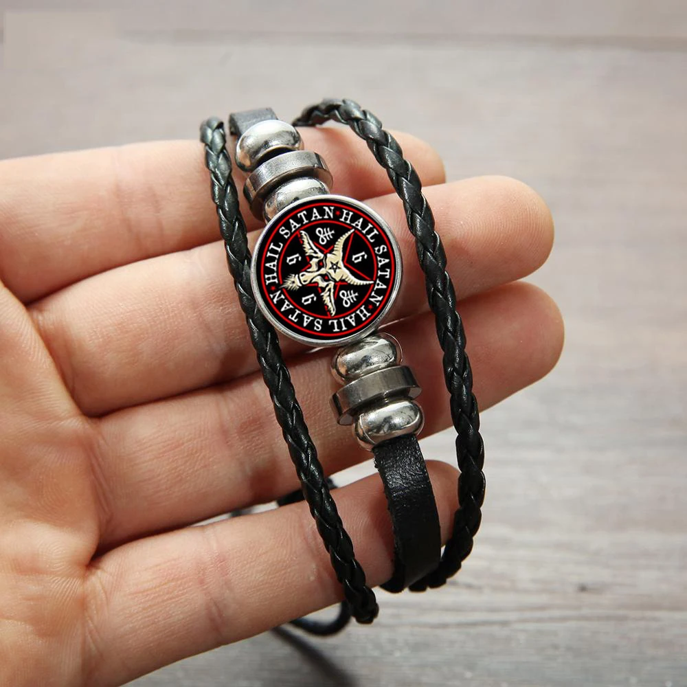 Азиатских простые черные рогатый шаблон кожаный браслет сатанизма с