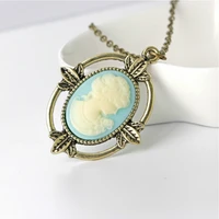 the vampire diaries katherine head blue cameo vintage antique bronze necklace fashion retro jewelry for men and women wholesale