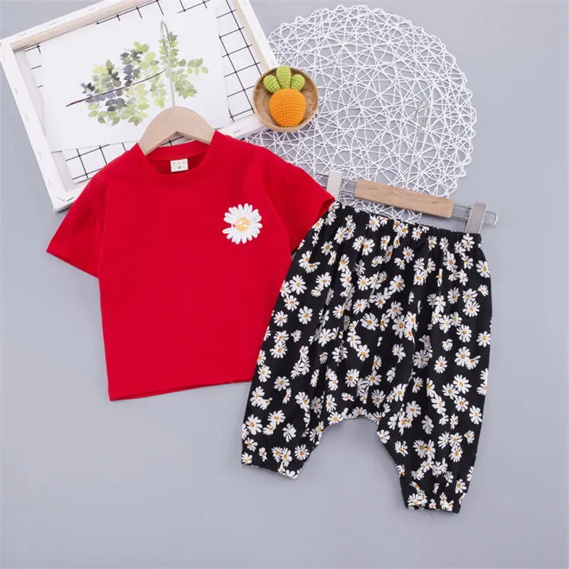 2020 летний детский модный костюм одежда для малышей футболка с цветочным принтом
