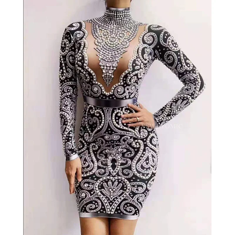 

2019 Black Gray Rhinestones Pearls Long Sleeves Dress Sexy Spandex Women Singer Outfit Birthday Celebrate Evening Dress
