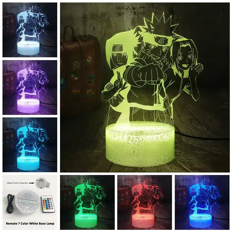White base Remote Аниме Фигурка Наруто группа Uzumaki Наруто 3D Оптическая иллюзия ночник 7 цветов Настольная лампа Hatake Какаши Учиха Саске ребенок подарок - Испускаемый цвет: White base Remote