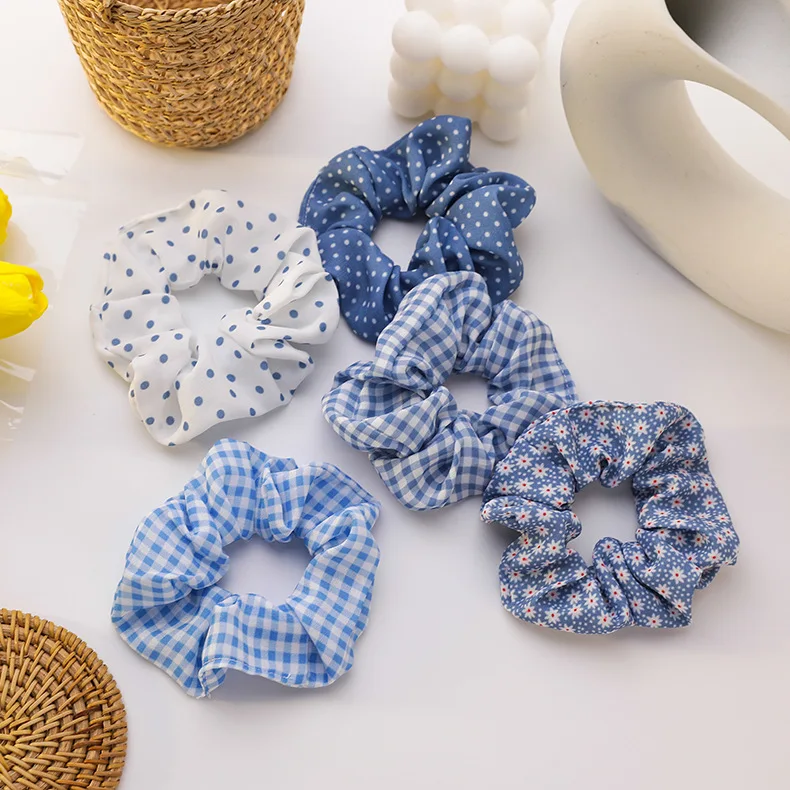 

1PC Korea New Blue Series Sweet Hair Accessories Floral Hair Rope Cloth Headband Woman Retro Elastic Lattice Hair Band