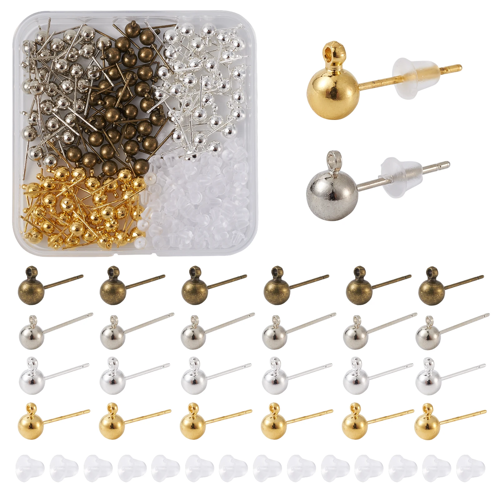 

120pcs/box Mixed Color Brass Ball Post Stud Earring Findings Accessories with Loop and Plastic Ear Nuts For earring DIY Making