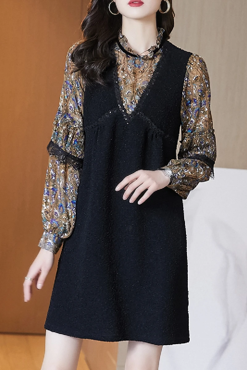 

Ruffled Lace Floral Knitted Fake Two-Piece Women Dress New 2021 Spring Patchwork Loose Dress Plus Size Middle-aged Clothing