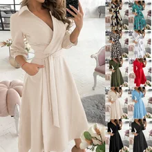 Sexy Deep V-neck Geometric Print Long Skirt Women's Pocket Long Sleeve Belt Dress Irregular Party Dress Spring and Autumn Skirt (3)