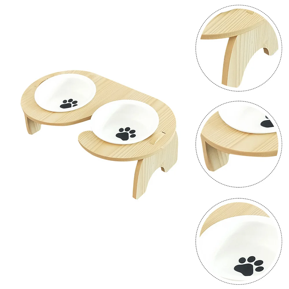 

1Pc Cat Dog Double Eating Bowl Wooden Ceramic Feeder Practical Pet Supply