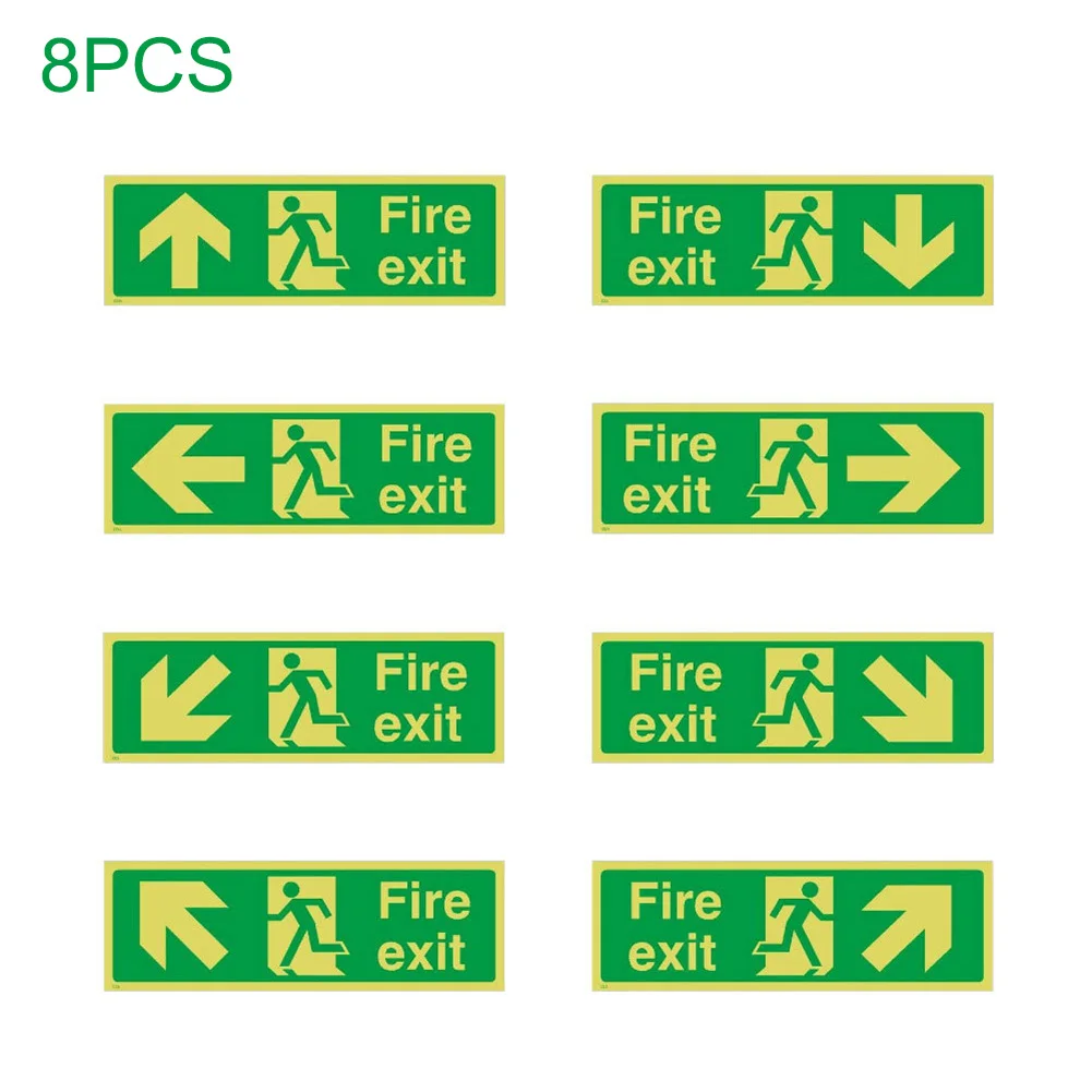 

Hot Sale 8pcs Adhesive Glow In The Dark Fire Exit Sign Secure Guidance Sign with Direction Arrows Safe Sticker