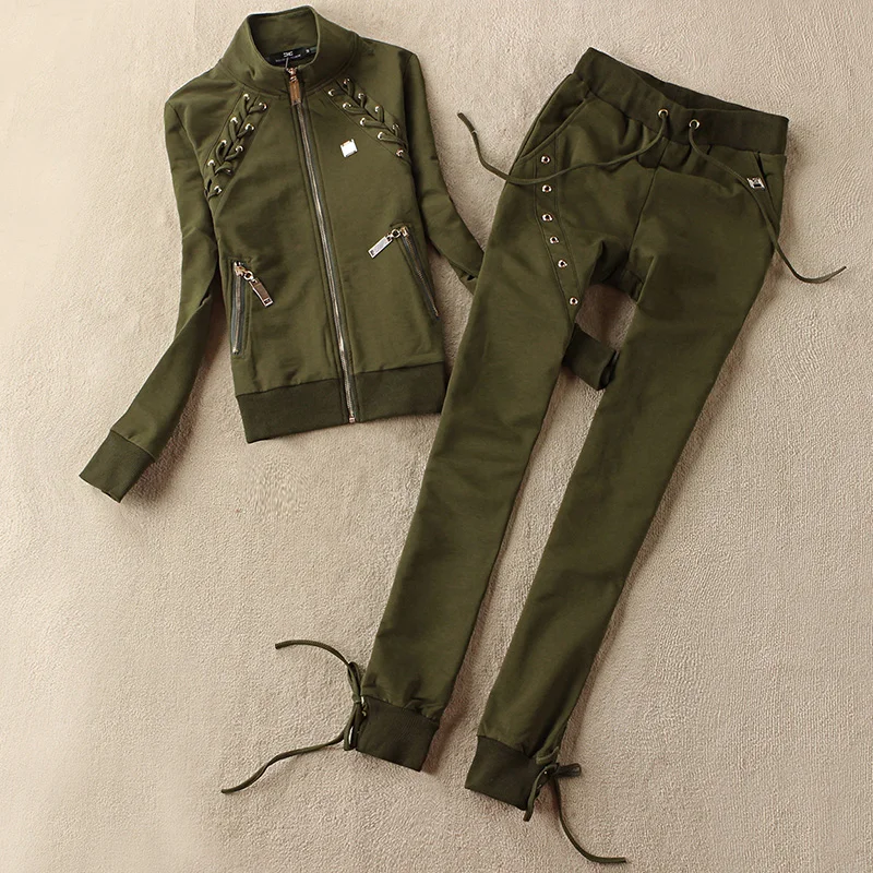 

2019 women's cotton casual suit, a new two-piece suit with stand-up collar and lace-up strap