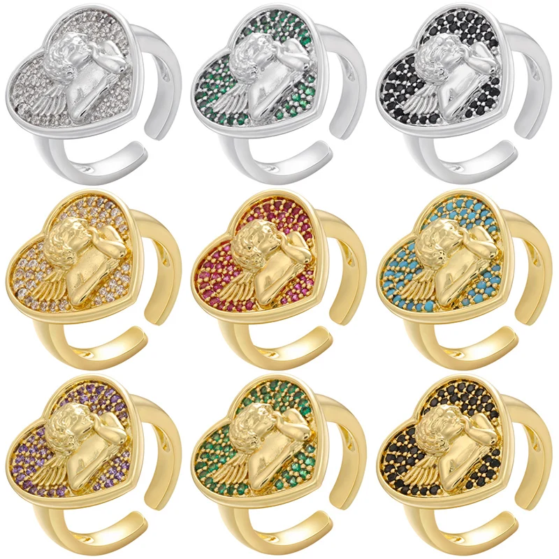 

ZHUKOU NEW Heart shape Angel Cupid Ring for women gold Chunky opening Rings Thick Gold Stack Fashion jewelry wholesale VJ152