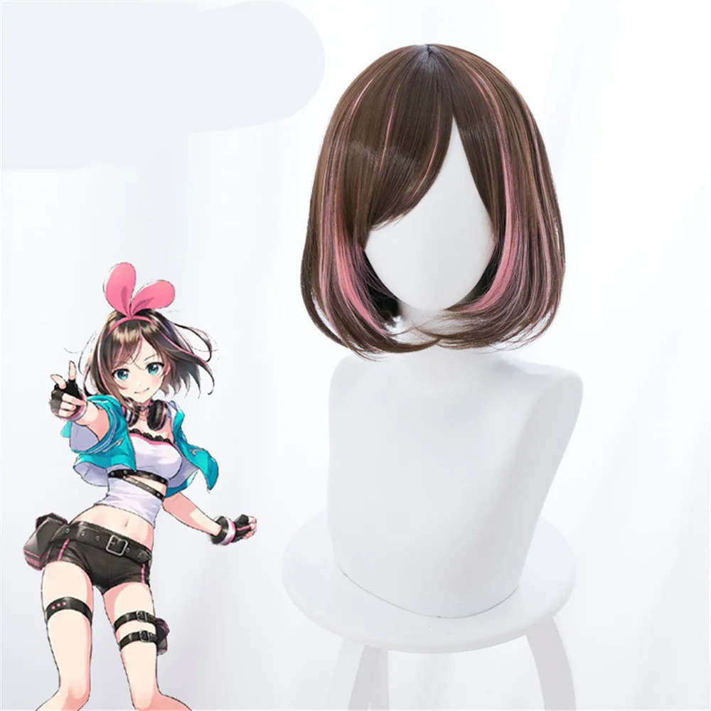 

Youtuber Kizuna AI Cosplay Wig Women Short Bob Brown and Pink Synthetic Hair Wig for Halloween Party Costume + Free Wig Cap