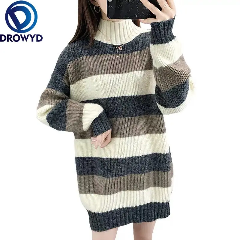 

Vintage Striped Turtelneck Sweater Women Fall Soft Cotton Slim Long Knitted Hot Tide Thick Winter Korean Casual Simple Chic Tops