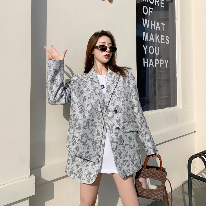

2020 Autumn New Street Wear Two-Button All-Match Gray Texture Printing Blazer All-Match Style Small Suit Coat For Women 3364