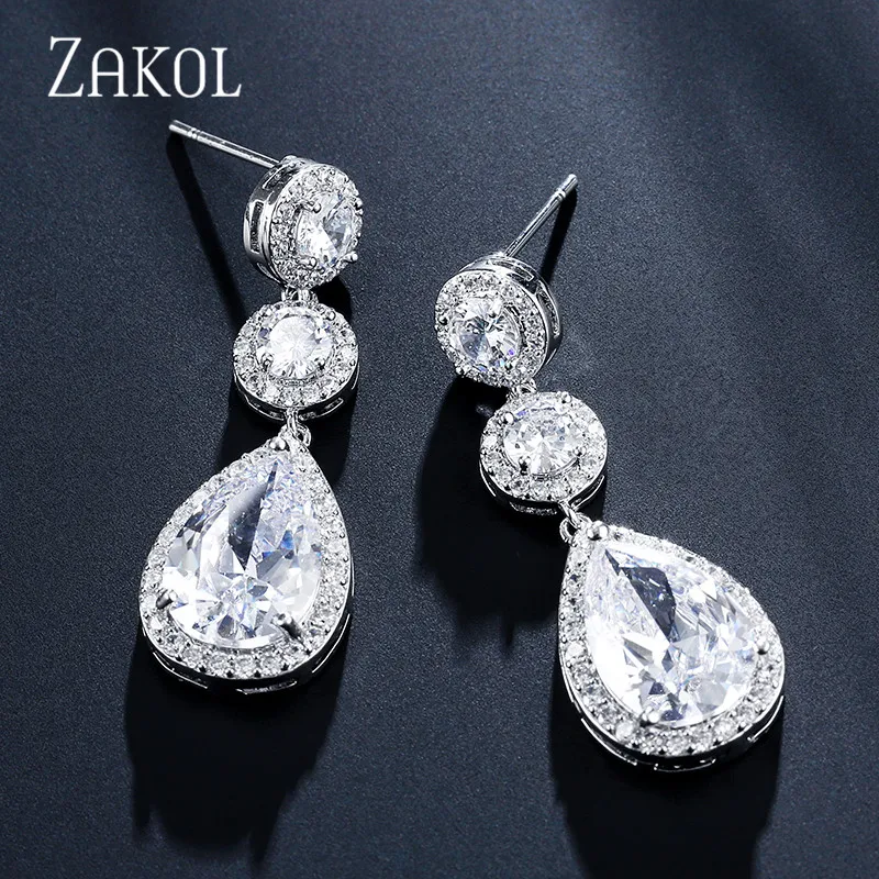 ZAKOL классические AAA каплевидные фианиты длинные висячие серьги для женщин