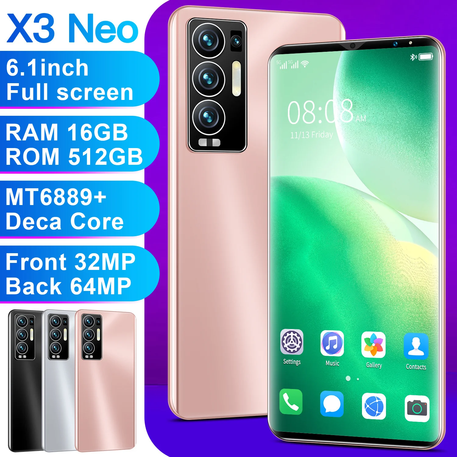 

Newest X3 NEO Global Version Smartphone 6.1 Inch Screen 16GB 512GB Android 11 6000mAh Snapdragon 888 32MP 64MP Camera Face ID