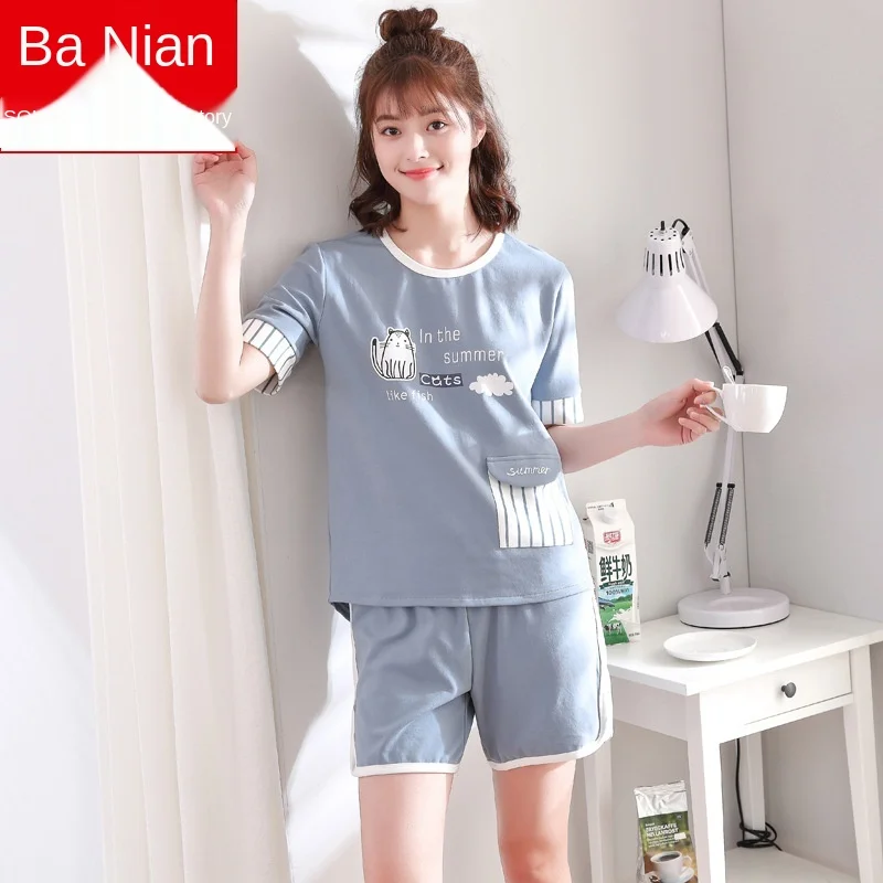 2021 Summer Women's Pajamas Sets Thin Short Sleeve Shorts Cotton Nightgown 2Pcs Suit Korean Cartoon Home Clothes Sleepwear