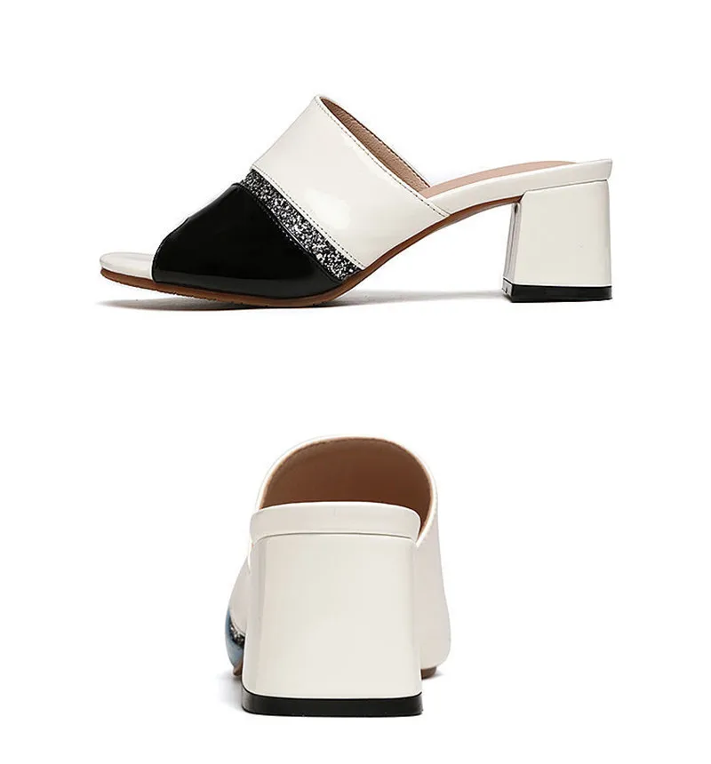 

Genuine Leather Open Toe Outside Slides Hollow Out Women Sandals Non-Slip Square Heel Ladies Shoes Fashion Modern Slippers Mules