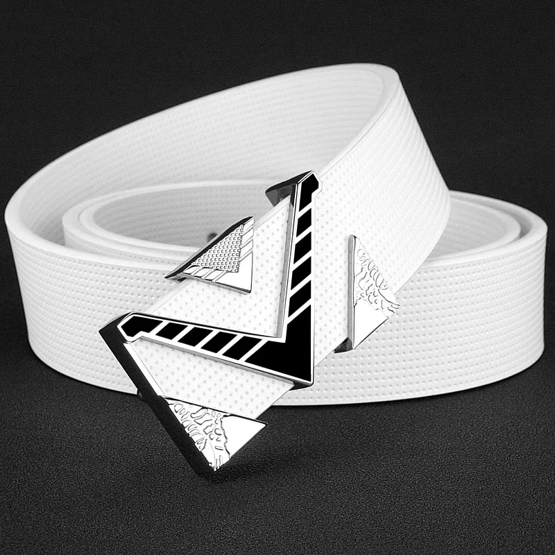 V letter buckle golden buckle belt men fashion Personality buckle luxury strap genuine leather white High Quality ceinture homme