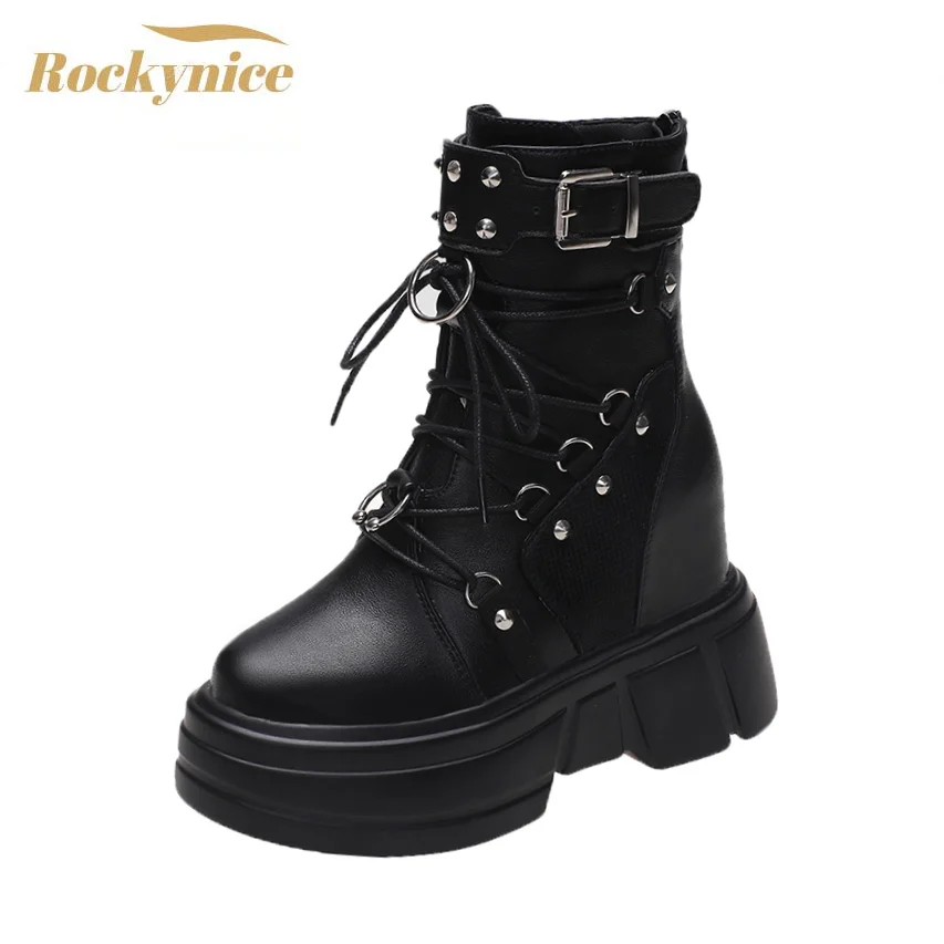 

Women Autumn Ankle Boots Leather Buckle Chunky Sneakers Platform Short Punk Boots 9cm Heels Thick Bottom Winter Motorcycle Boots