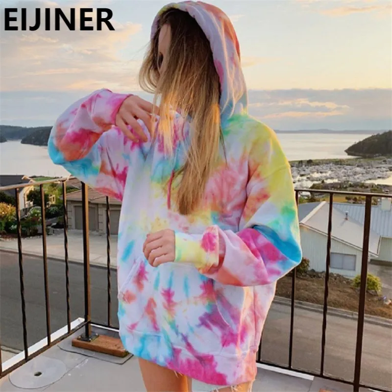

Women Rainbow Tie-Dye Printing Oversized Hoodie Spring Autumn Cotton Fashion Sweatshirt Harajuku Kawaii Vintage Punk Streetwear