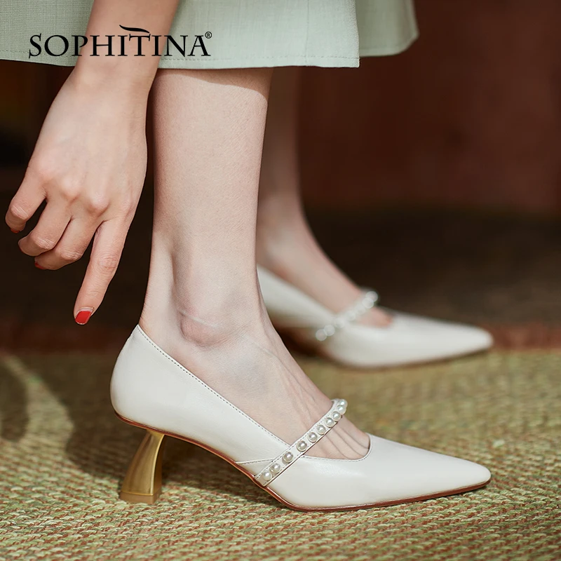 

SOPHITINA Pumps Women Concise Pearl Mary Janes Genuine Leather Handmade Female Shoes Pointed Toe TPR Elegant Lady Shoes AO99