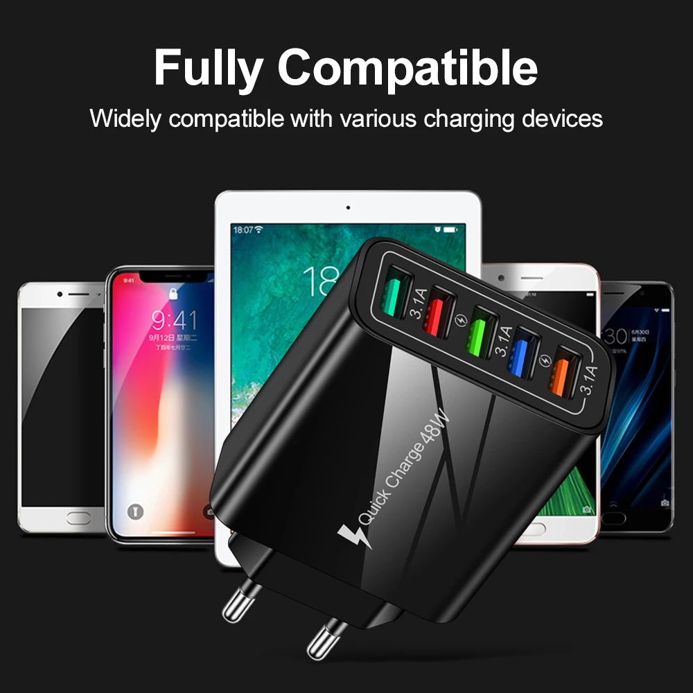 48W 5 USB Charger Quickly Fast Charging Universal Wall QC3.0 Adapter for iPhone 12 Xiaomi HuaWei Mate 40 Samsung | Мобильные