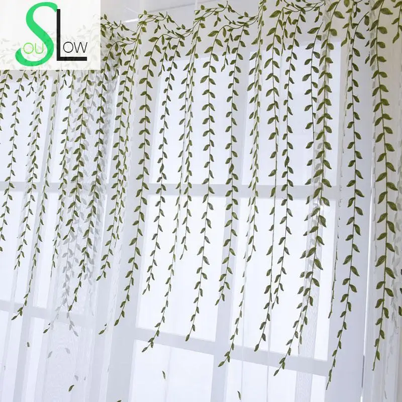 

Slow Soul Green Willow Branch Tulle Curtains Leaves Embroidered Pastoral For Living Room Bedroom Sheer Curtain Kids 3d Drapes