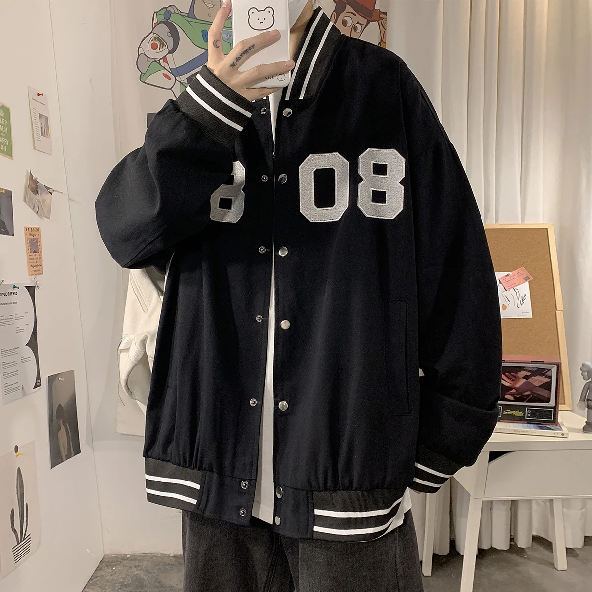 

High street men's jacket spring autumn embroidery fashion hip-hop cotton Black baseball jacket men's loose street coat unisex