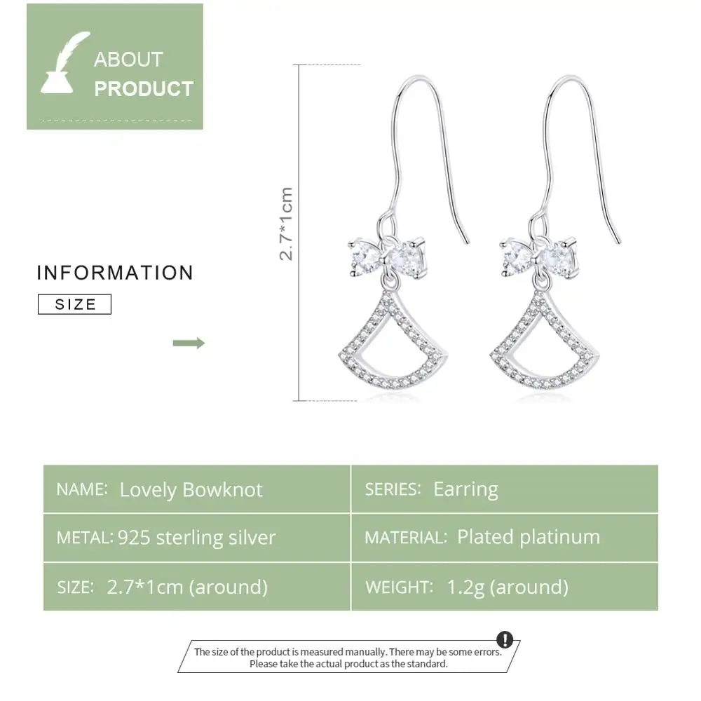 bamoer Authentic 925 Sterling Silver Dangle Earrings Bow-knot Fan-shaped Sparkling Zircon Wedding Fine Jewelry GAE281 | Украшения и