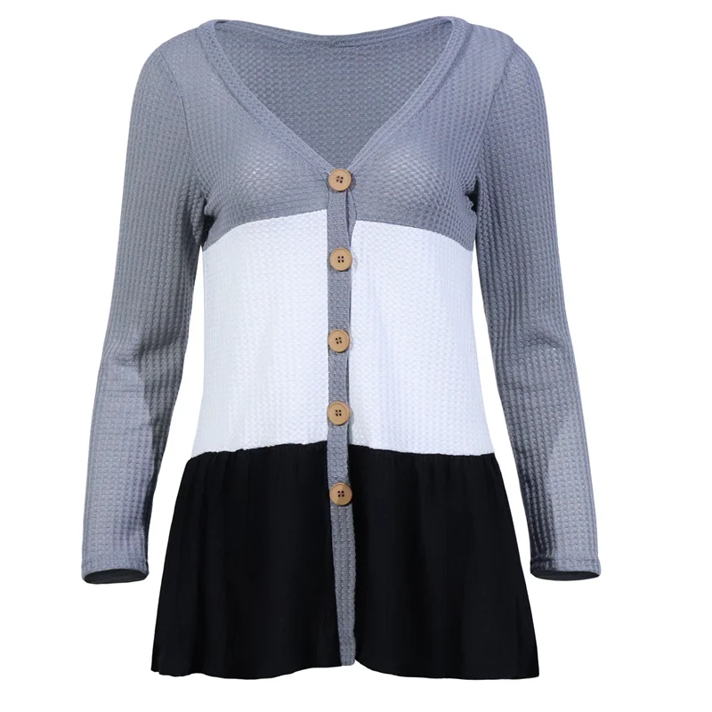

Women Casual Button Autumn Winter Sweater Cardigan V Neck Long Sleeve Patchwork Color Sweater Women Ropa Mujer Cardigan Coat Top
