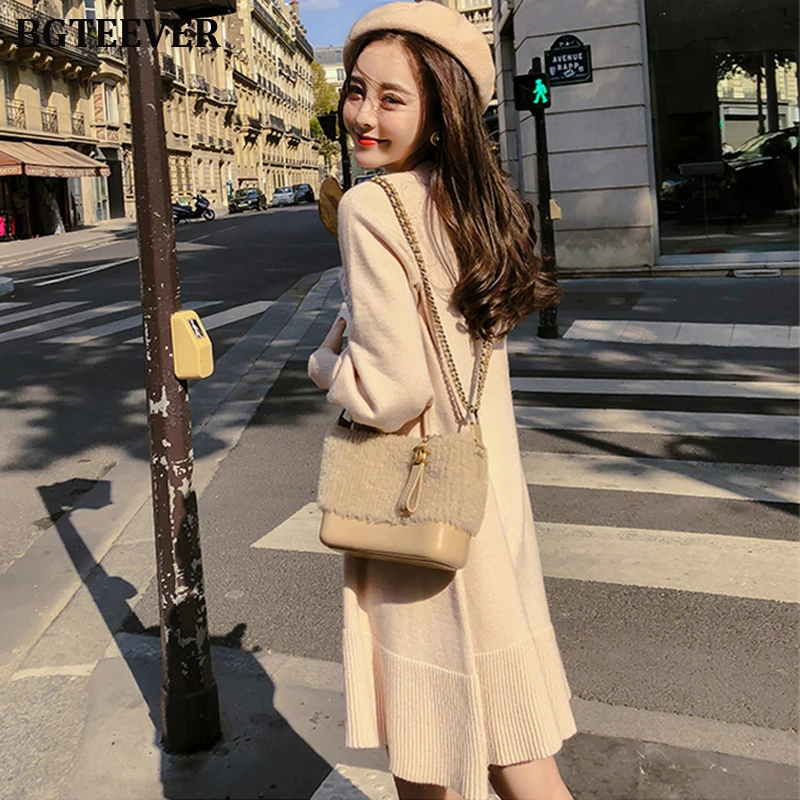 Повседневное женское платье-свитер с круглым вырезом и рукавом-фонариком