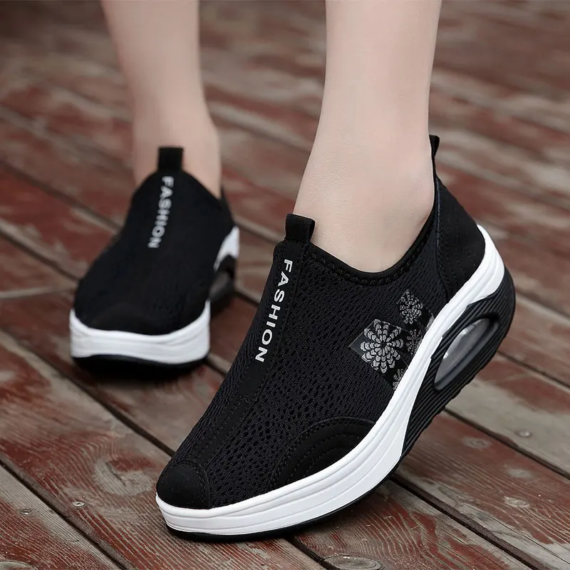 

MWY Women Platform Sneakers Black Wedges Casual Shoes For Woman Comfortable Mesh Trainers Zapatos De Mujer Walking Shoes