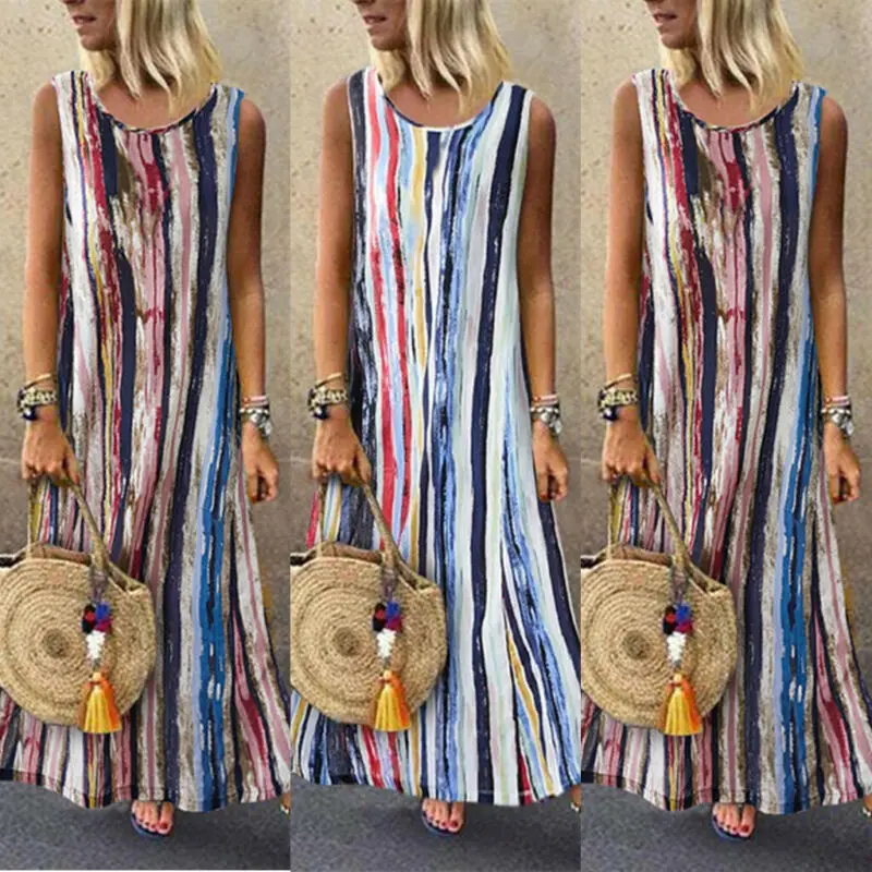 Женское винтажное платье в стиле бохо летнее полоску без рукавов для вечеринки