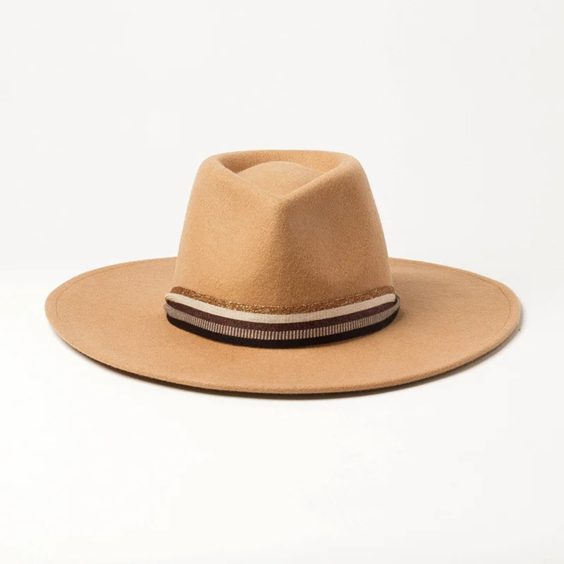 Для женщин шляпа с широкими полями теплая шерстяная шляпа Fedora Ретро Стиль ремень Панама лента для шляпы зимняя Свадебная вечеринка церкви Дерби мягкие шляпы женская шапка