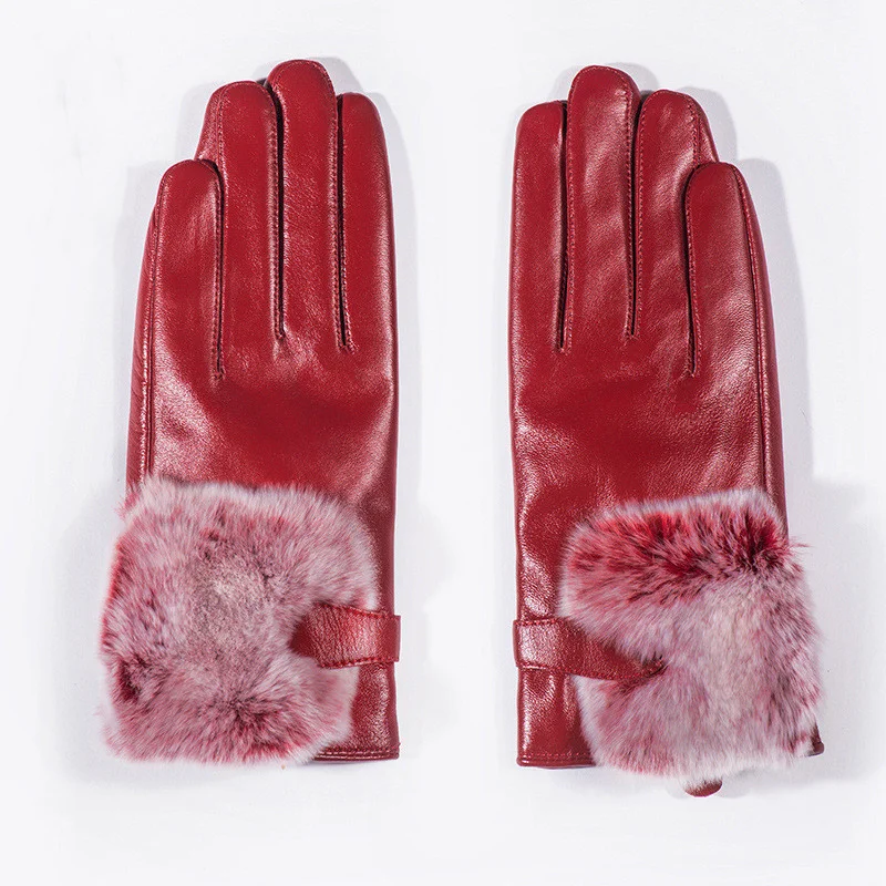 

Роскошные женские перчатки из натуральной кожи с мехом для сенсорного экрана зимние женские перчатки из овечьей кожи с искусственным мехом...